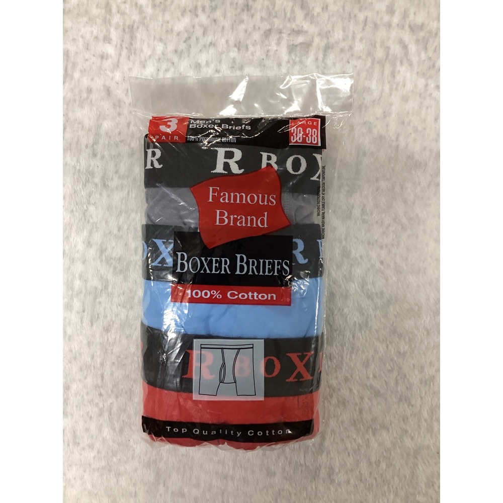 Famous Brand Mens 100% Cotton Boxer Briefs 3 Pack Large 36-38 Multicolor NIP
